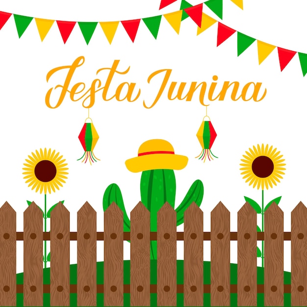 Каллиграфические надписи Festa Junina с флагами, бумажными фонариками и кактусами. Бразильский июньский фестиваль Festa de Sao Joao.