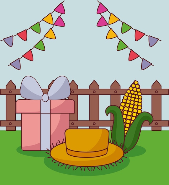 Festa junina card with straw hat, gift box and corn on the cob