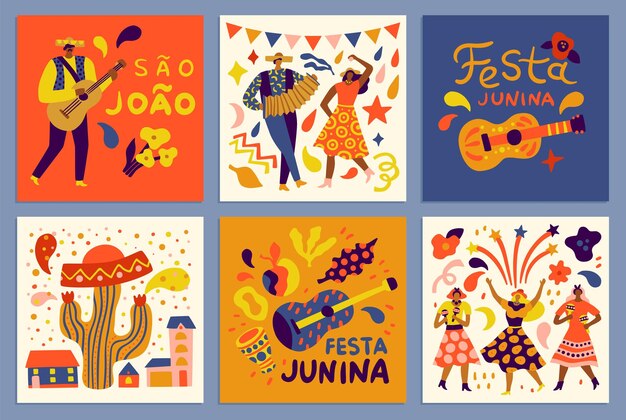 Vector festa junina farmer muzikaal festival latino mensen dansen en gitaar spelen of accordeon kleurrijke kleding brazilië volksfeest vierkante banners uitnodigingen voor een feest vector kaarten set