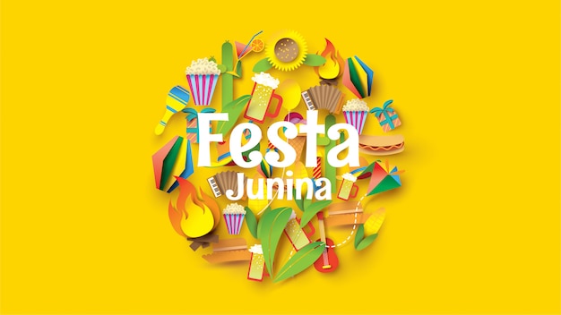 Festa junina festival design su carta d'arte e stile piatto con party flags e paper lantern.