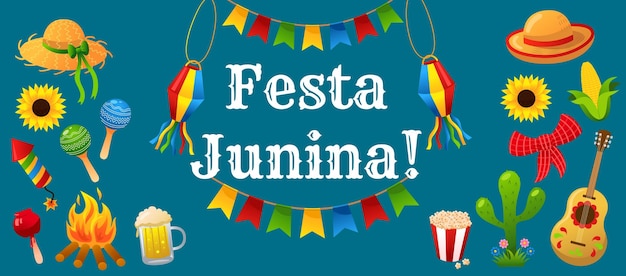 Festa junina horizontal background with traditional celebration symbolsvector illustration