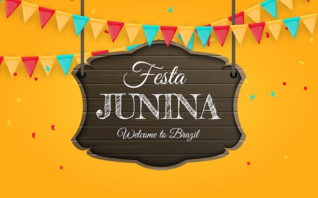 Festa junina houten bord met party flags. braziliaans festival