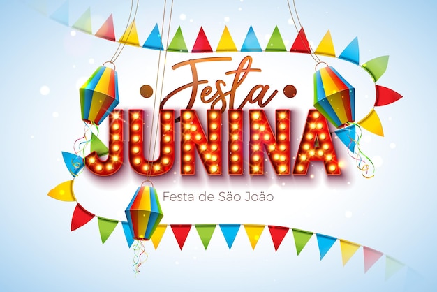 Vector festa junina-illustratie met papieren lantaarnfeestvlaggen en gloeilamp-aanplakbordletter