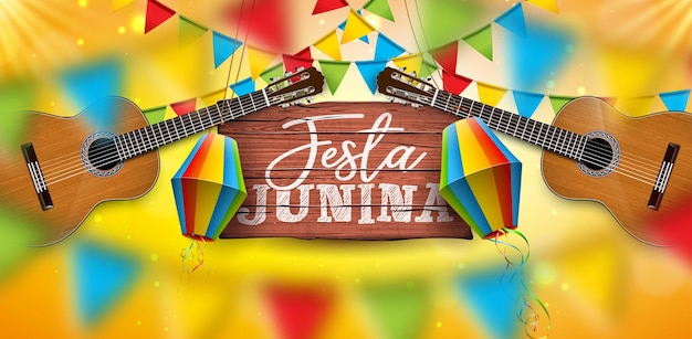 Иллюстрация festa junina с флагами партии акустической гитары и бумажным фонарем на желтом фоне