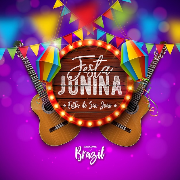 Illustrazione di festa junina con bandiere di partito di chitarra acustica e lanterna di carta su sfondo viola