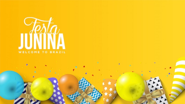 Festa junina illustration with balloons, gift boxes and 3d birthday hats