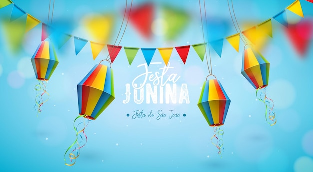 Festa junina illustration with colorful party flags and paper lantern on sky blue background