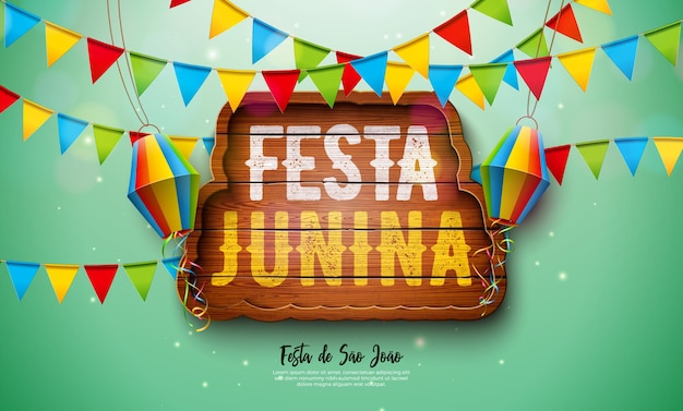Festa Junina Иллюстрация с флагами и бумажным фонарем на зеленом фоне Бразилия Фестиваль Сан-Жуан