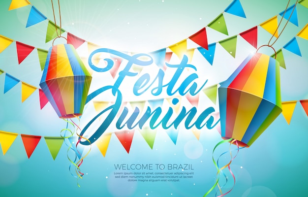 Иллюстрация festa junina с флагами партии и бумажным фонарем