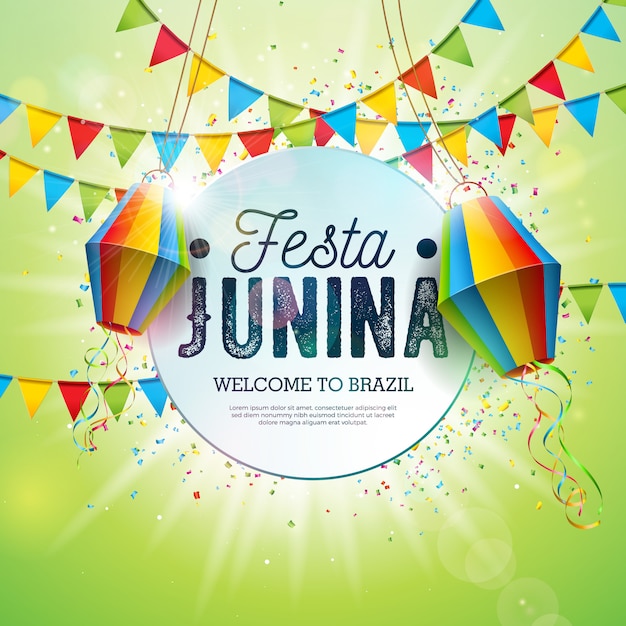 Иллюстрация festa junina с флагами партии и бумажным фонарем