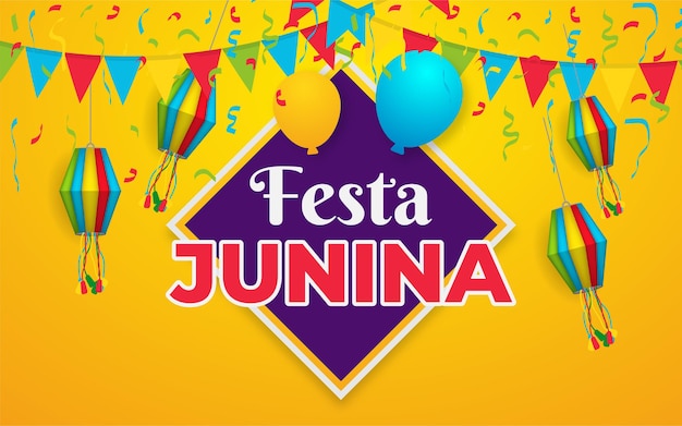 Festa junina illustration with party flags paper lantern and 3d letter