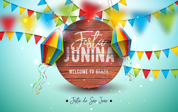 Vector festa junina illustration with party flags and paper lantern brazil june sao joao festival design