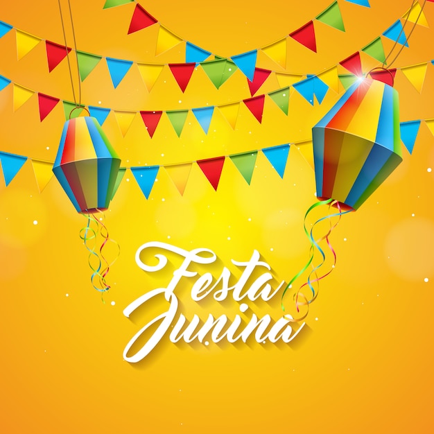 Illustrazione di festa junina con le bandiere del partito e lanterna di carta su fondo giallo.