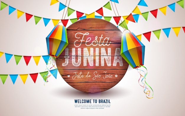 Festa junina illustration with party flags and paper lantern