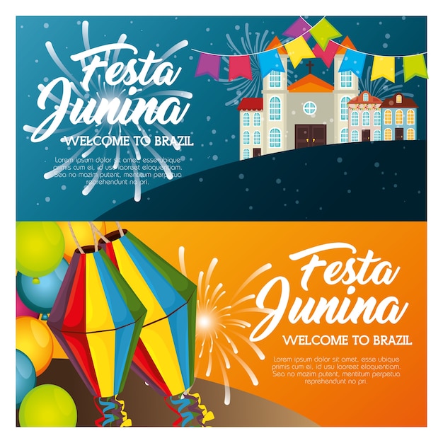 Festa junina infographic with town landscape and lanterns vector illustration