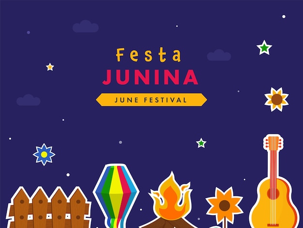 Festa junina juni festival posterontwerp met sticker stijl hek papieren lantaarn vreugdevuur bloem gitaar sterren versierd op blauwe achtergrond