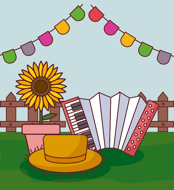 Festa junina-kaart met accordeon en zonnebloem