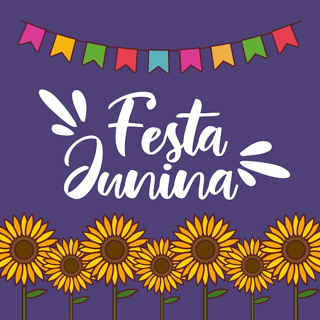 Vector festa junina-kaart met zonnebloemen en slingers opknoping
