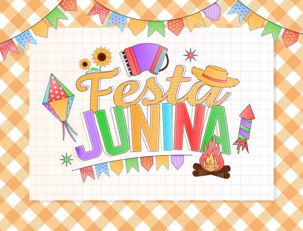 Festa junina lettering banner cartoon elements