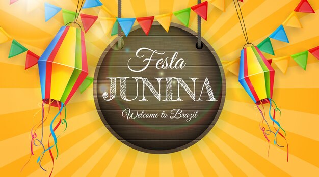 Festa junina met feestvlaggen en lantaarns