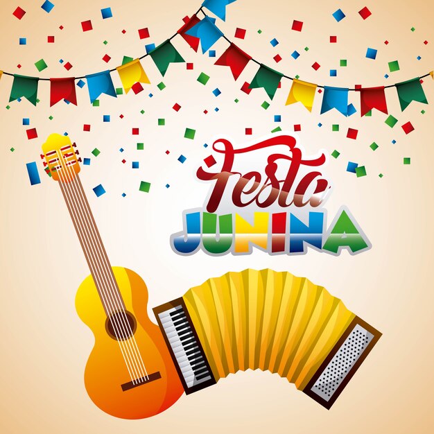 Vector festa junina music guitar accordion pennant confetti