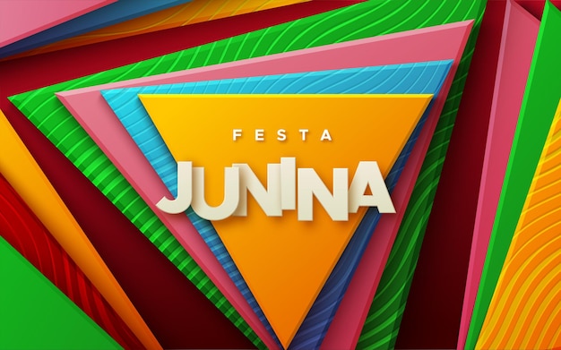 Festa Junina paper sign on abstract geometric background with multicolored triangle shapes