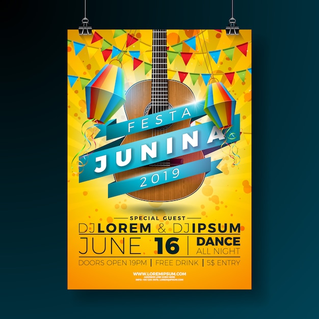 Vector festa junina partij poster sjabloon illustratie met akoestische gitaar.