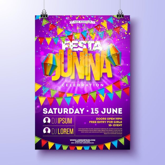 Vector festa junina party flyer design with colorful flags paper lantern and typography design