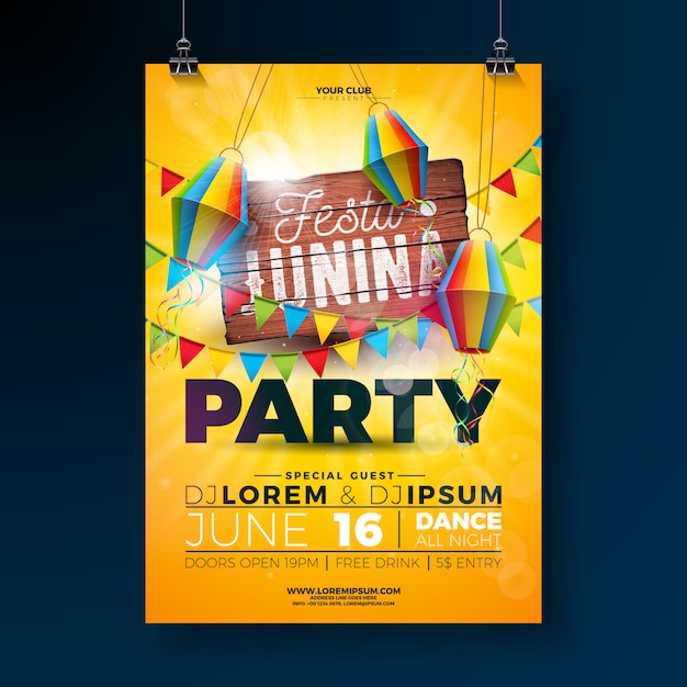 Vettore festa junina party flyer design con tavola in legno vintage