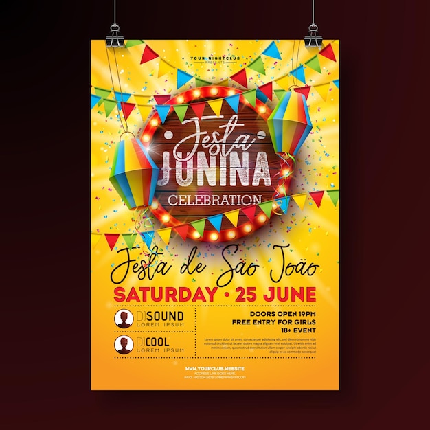 Festa junina party flyer illustratie met papieren lantaarn en retro gloeilamp billboard