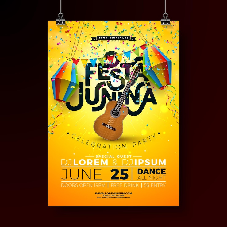 Vector festa junina party flyer illustration with paper lantern flags and acoustic guitar on sun yellow