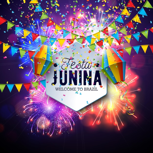 Festa junina party flyer illustrazione con lanterna di carta e bandiere su sfondo di fuochi d'artificio incandescente