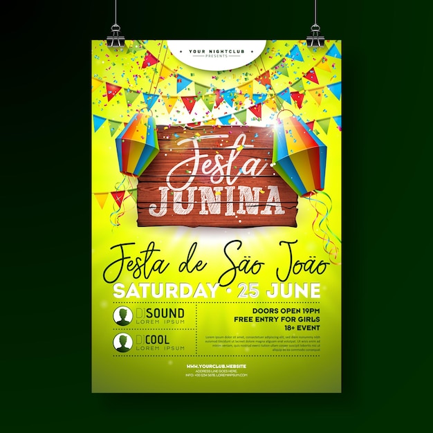 Vector festa junina party flyer illustration with vintage wood board and paper lantern on green background