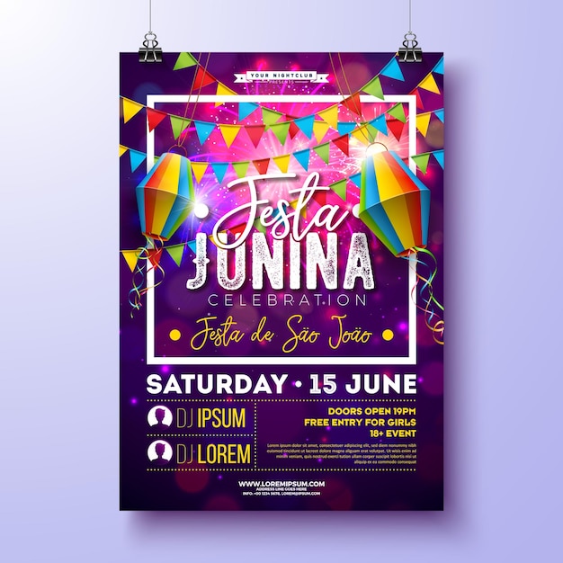 Флаер вечеринки Festa Junina с флагами, бумажным фонарем и типографическим дизайном на фоне фейерверков