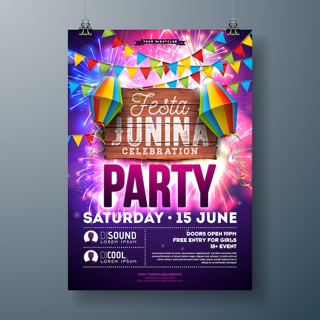 Vector festa junina party flyer with paper lantern and fireworks flyer