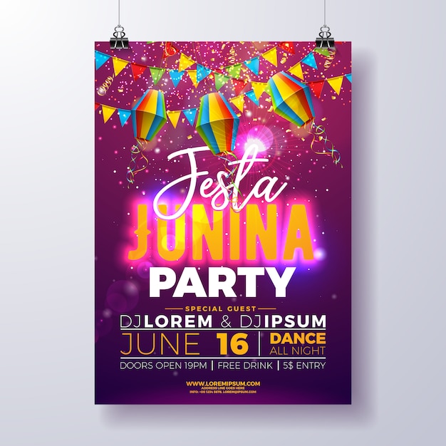 Шаблон плаката festa junina party с флагами и бумажным фонарем