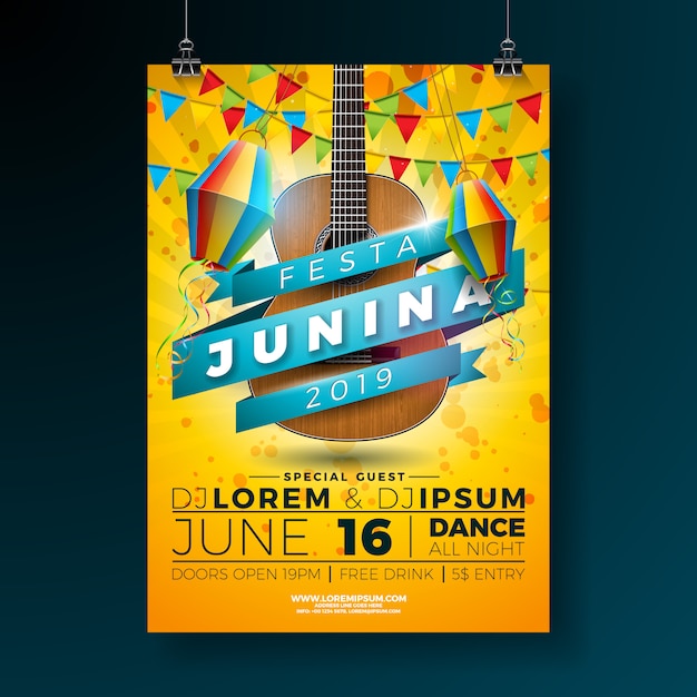 Vettore festa junina party poster modello illustrazione con chitarra acustica.
