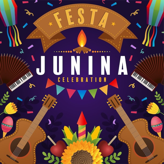 Festa junina poster festival di giugno folklore vacanze chitarra fisarmonica cactus estate girasole campfir
