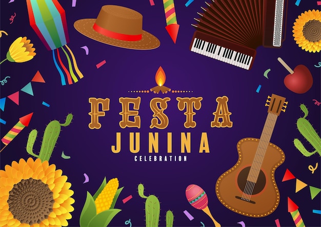 Vettore festa junina poster festival di giugno folklore vacanze chitarra fisarmonica cactus estate girasole campfir