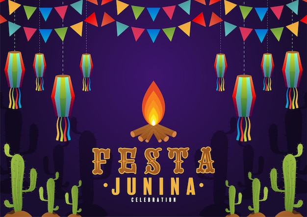 Festa Junina 포스터 6월 축제 민속 휴일 기타 아코디언 선인장 여름 해바라기 캠프