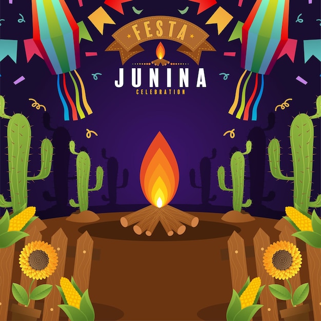 Festa junina poster juni festival folklore vakantie gitaar accordeon cactus zomer zonnebloem campfir