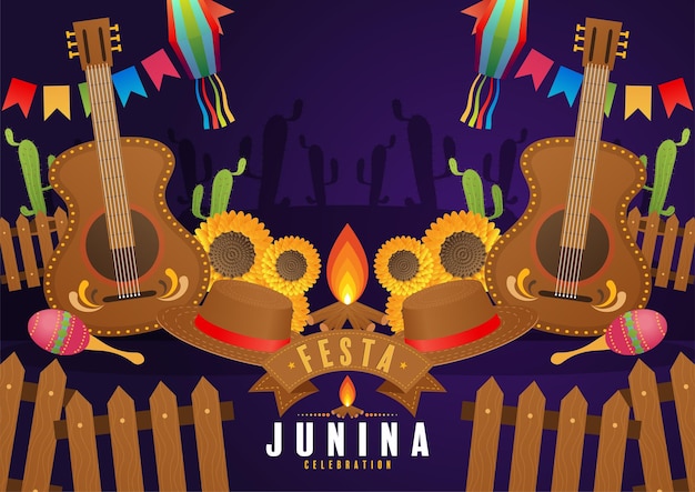 Festa junina poster juni festival folklore vakantie gitaar accordeon cactus zomer zonnebloem campfir