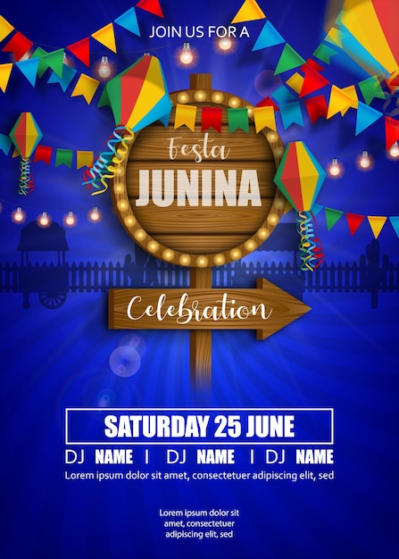 Festa junina poster met kleurrijke lantaarns en wimpels juni braziliaanse festival achtergrond