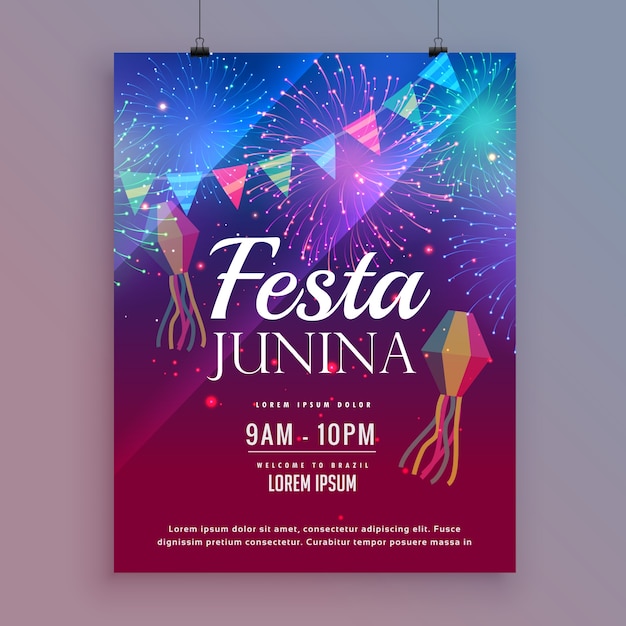 Vettore festa junina design flyer con fuochi d'artificio