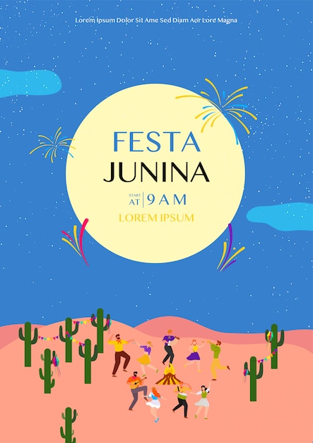 Festa junina poster template with people dancing in night