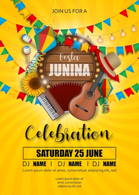 Festa Junina poster with brazilian elements colorful lanterns and pennants