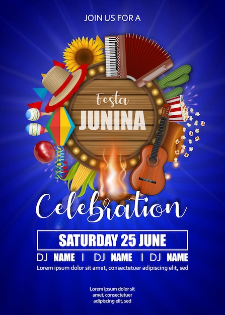 Festa junina poster with brazilian elements and round wooden sign board june brazilian festival