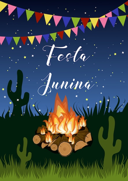 Festa junina poster with campfire, flags garland, grass, cactus and text on starry night.