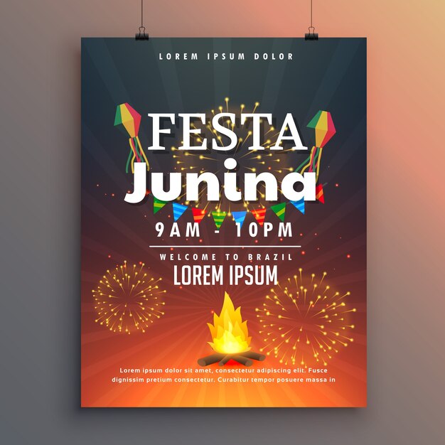 Festa junina poster with fireworks and bonfire