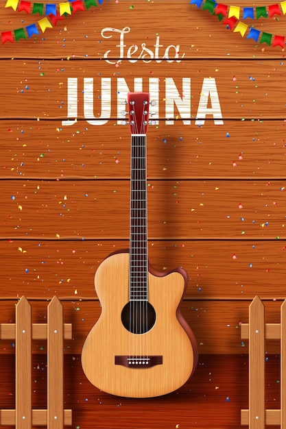 Festa junina postsjabloonontwerp met houten achtergrond en gitaarillustratie